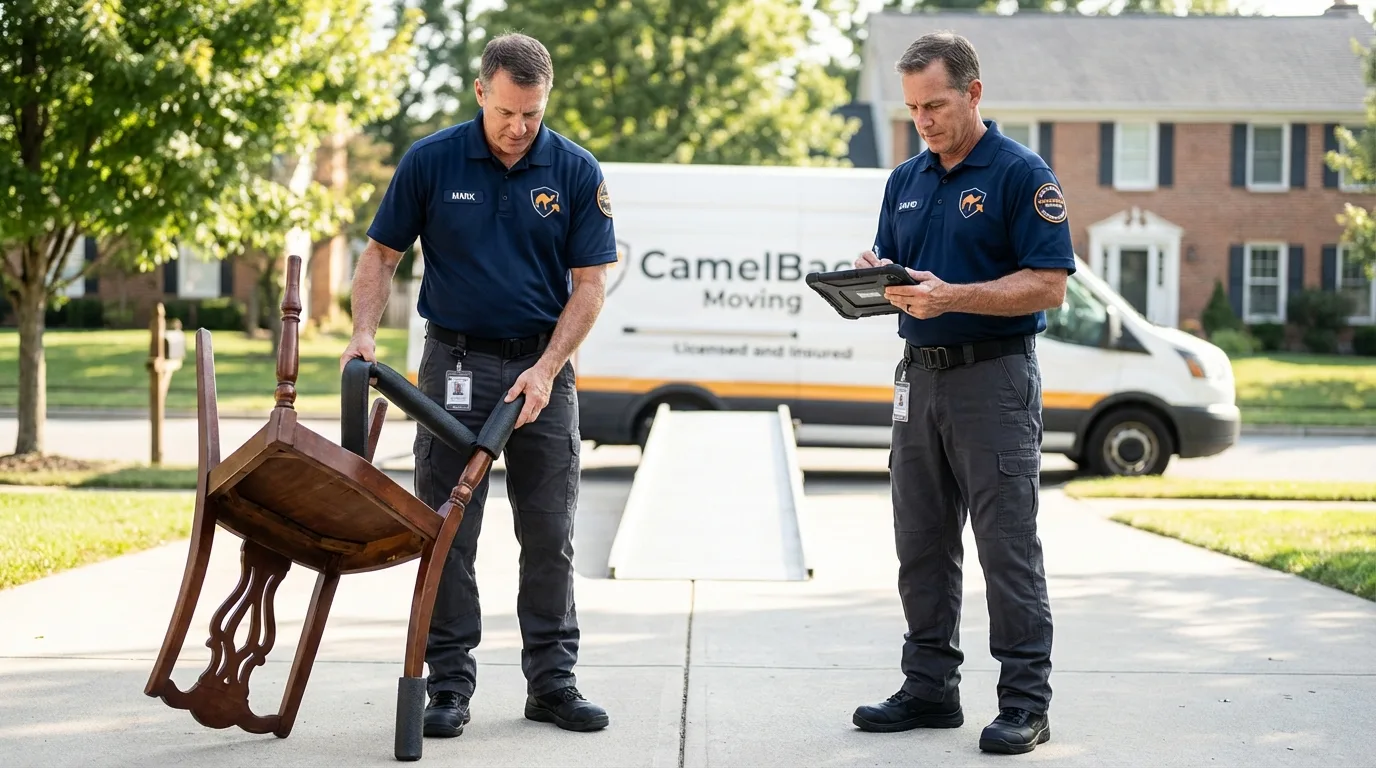 Movers inspecting furniture for damage prevention before loading in Esparto, CA
