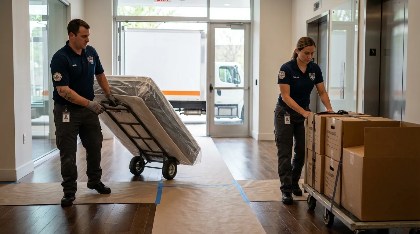 Professional apartment movers loading elevator in Esparto, CA